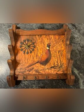 Rustic Wooden Pheasant Wall Clock - Warm Brown and Orange